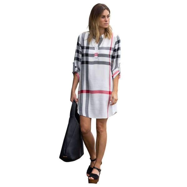 Planet Gates Beige / S M-anxiu Women's Western Style Autumn New Plaid Print Three Quarter V-neck Long-sleeved Temperament Generous Casual Dress