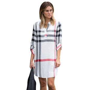 Planet Gates Beige / S M-anxiu Women's Western Style Autumn New Plaid Print Three Quarter V-neck Long-sleeved Temperament Generous Casual Dress