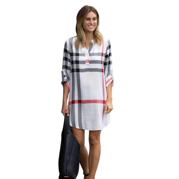 Planet Gates Beige / S M-anxiu Women's Western Style Autumn New Plaid Print Three Quarter V-neck Long-sleeved Temperament Generous Casual Dress