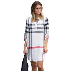 Planet Gates Beige / S M-anxiu Women's Western Style Autumn New Plaid Print Three Quarter V-neck Long-sleeved Temperament Generous Casual Dress