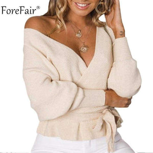Planet Gates Beige / S Off Shoulder V Neck Crop Sweaters Women Autumn 2018 Long Sleeve Pullovers Sexy Sweater Female Jumper Casual
