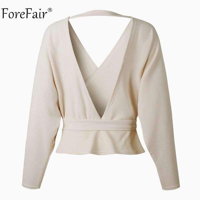 Planet Gates Beige / S Off Shoulder V Neck Crop Sweaters Women Autumn 2018 Long Sleeve Pullovers Sexy Sweater Female Jumper Casual