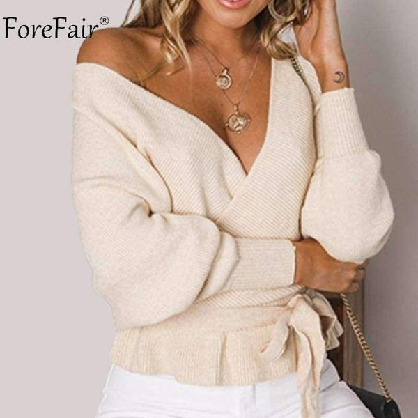 Planet Gates Beige / S Off Shoulder V Neck Crop Sweaters Women Autumn 2018 Long Sleeve Pullovers Sexy Sweater Female Jumper Casual