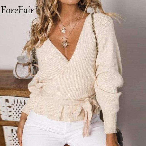 Planet Gates Beige / S Off Shoulder V Neck Crop Sweaters Women Autumn 2018 Long Sleeve Pullovers Sexy Sweater Female Jumper Casual