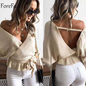 Planet Gates Beige / S Off Shoulder V Neck Crop Sweaters Women Autumn 2018 Long Sleeve Pullovers Sexy Sweater Female Jumper Casual
