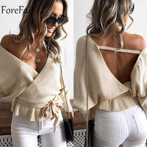 Planet Gates Beige / S Off Shoulder V Neck Crop Sweaters Women Autumn 2018 Long Sleeve Pullovers Sexy Sweater Female Jumper Casual