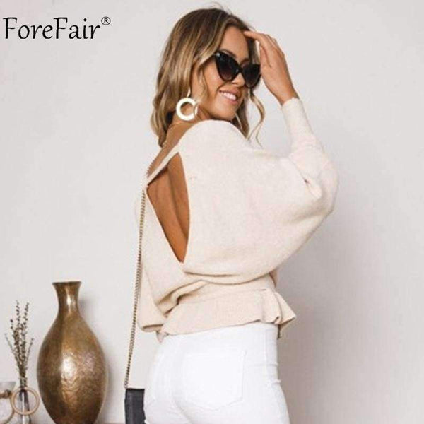 Planet Gates Beige / S Off Shoulder V Neck Crop Sweaters Women Autumn 2018 Long Sleeve Pullovers Sexy Sweater Female Jumper Casual