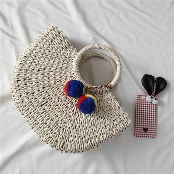 Planet Gates Summer Handmade Bags Women Pompon Beach Weaving Ladies Straw Bag Wrapped Beach Bag Moon shaped Bag
