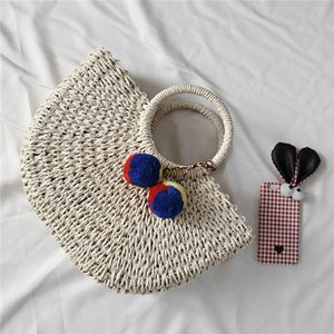 Planet Gates beige / small Summer Handmade Bags Women Pompon Beach Weaving Ladies Straw Bag Wrapped Beach Bag Moon shaped Bag