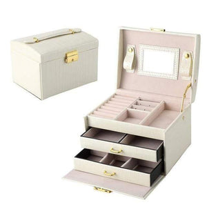 Planet Gates Beige Women Jewelry Storage Organizer Drawers Box Travel Makeup Cosmetic Case & Mirror Leather Wedding Decoration Gift