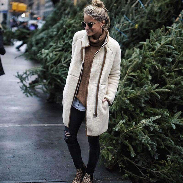 Planet Gates Beige / XL Fashion Turtleneck White Coat Jacket Women Long Sleeve Warm Jackets Coat 2018 Autumn Winter Zipper Bomber Coats Tops