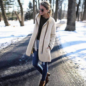 Planet Gates Beige / XL Fashion Turtleneck White Coat Jacket Women Long Sleeve Warm Jackets Coat 2018 Autumn Winter Zipper Bomber Coats Tops