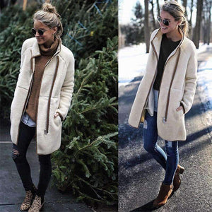 Planet Gates Beige / XL Fashion Turtleneck White Coat Jacket Women Long Sleeve Warm Jackets Coat 2018 Autumn Winter Zipper Bomber Coats Tops