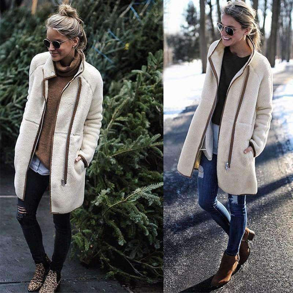 Planet Gates Beige / XL Fashion Turtleneck White Coat Jacket Women Long Sleeve Warm Jackets Coat 2018 Autumn Winter Zipper Bomber Coats Tops