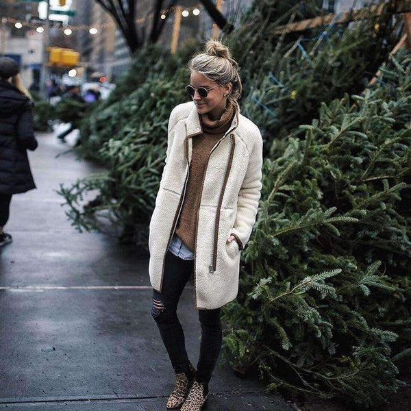 Planet Gates Beige / XL Fashion Turtleneck White Coat Jacket Women Long Sleeve Warm Jackets Coat 2018 Autumn Winter Zipper Bomber Coats Tops