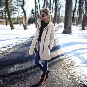 Planet Gates Beige / XL Fashion Turtleneck White Coat Jacket Women Long Sleeve Warm Jackets Coat 2018 Autumn Winter Zipper Bomber Coats Tops