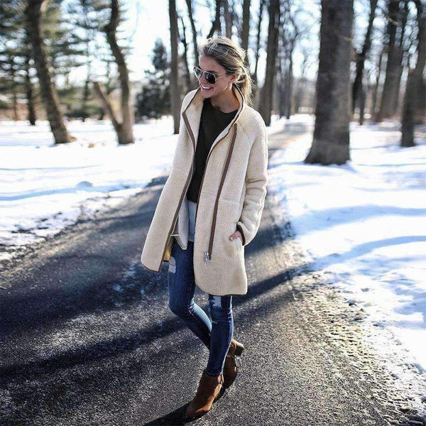 Planet Gates Beige / XL Fashion Turtleneck White Coat Jacket Women Long Sleeve Warm Jackets Coat 2018 Autumn Winter Zipper Bomber Coats Tops