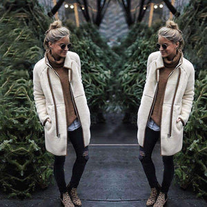 Planet Gates Beige / XL Fashion Turtleneck White Coat Jacket Women Long Sleeve Warm Jackets Coat 2018 Autumn Winter Zipper Bomber Coats Tops