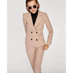 Planet Gates Beige / XS Ladies Khaki Pants Suit Business Formal Suit Double Breasted Blazer Women Office Work Wear Outfit Set W163