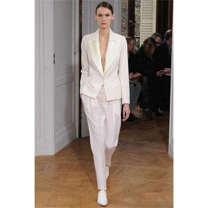 Planet Gates Beige / XS White 2 Piece Set Women Business Suits Blazer Satin Lapel Female Office Uniform Trouser Suit B236
