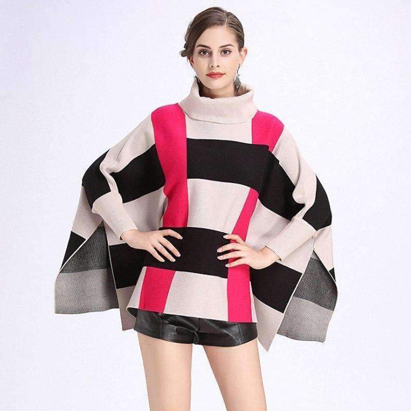 Planet Gates beige yellow / One Size Fashion Core Spun Yarn Plaid Bat Sleeve Turtleneck Sweater Women Autumn Winter Damier Cloak Cape Cashmere Shawl Poncho