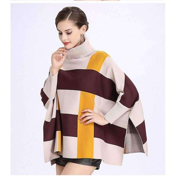 Planet Gates beige yellow / One Size Fashion Core Spun Yarn Plaid Bat Sleeve Turtleneck Sweater Women Autumn Winter Damier Cloak Cape Cashmere Shawl Poncho