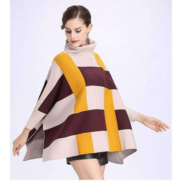 Planet Gates beige yellow / One Size Fashion Core Spun Yarn Plaid Bat Sleeve Turtleneck Sweater Women Autumn Winter Damier Cloak Cape Cashmere Shawl Poncho
