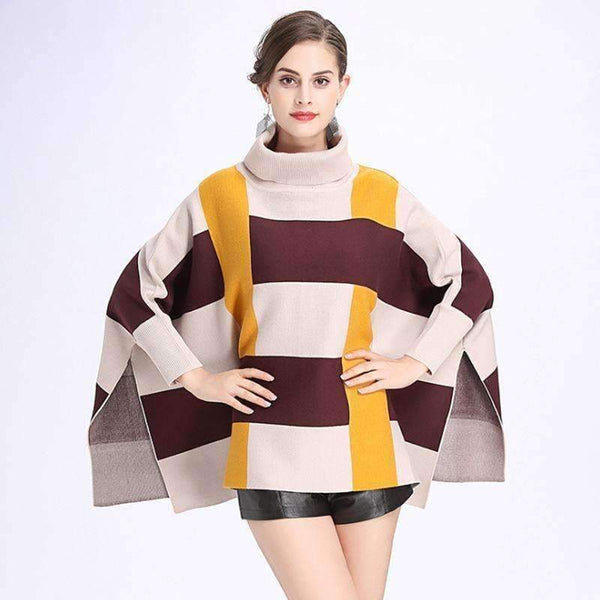 Planet Gates beige yellow / One Size Fashion Core Spun Yarn Plaid Bat Sleeve Turtleneck Sweater Women Autumn Winter Damier Cloak Cape Cashmere Shawl Poncho