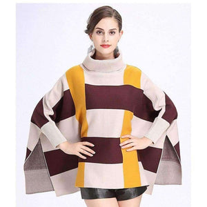 Planet Gates beige yellow / One Size Fashion Core Spun Yarn Plaid Bat Sleeve Turtleneck Sweater Women Autumn Winter Damier Cloak Cape Cashmere Shawl Poncho