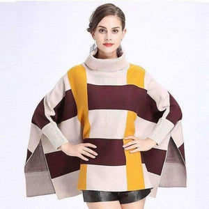 Planet Gates beige yellow / One Size Fashion Core Spun Yarn Plaid Bat Sleeve Turtleneck Sweater Women Autumn Winter Damier Cloak Cape Cashmere Shawl Poncho