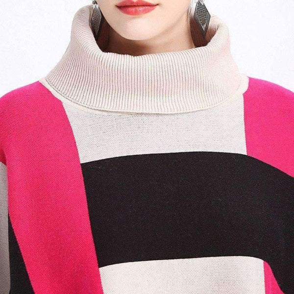 Planet Gates beige yellow / One Size Fashion Core Spun Yarn Plaid Bat Sleeve Turtleneck Sweater Women Autumn Winter Damier Cloak Cape Cashmere Shawl Poncho