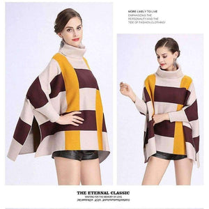 Planet Gates beige yellow / One Size Fashion Core Spun Yarn Plaid Bat Sleeve Turtleneck Sweater Women Autumn Winter Damier Cloak Cape Cashmere Shawl Poncho