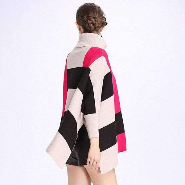 Planet Gates beige yellow / One Size Fashion Core Spun Yarn Plaid Bat Sleeve Turtleneck Sweater Women Autumn Winter Damier Cloak Cape Cashmere Shawl Poncho