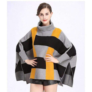 Planet Gates beige yellow / One Size Fashion Core Spun Yarn Plaid Bat Sleeve Turtleneck Sweater Women Autumn Winter Damier Cloak Cape Cashmere Shawl Poncho