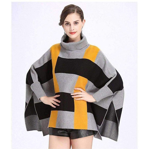 Planet Gates beige yellow / One Size Fashion Core Spun Yarn Plaid Bat Sleeve Turtleneck Sweater Women Autumn Winter Damier Cloak Cape Cashmere Shawl Poncho