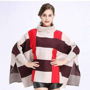 Planet Gates beige red / One Size Fashion Core Spun Yarn Plaid Bat Sleeve Turtleneck Sweater Women Autumn Winter Damier Cloak Cape Cashmere Shawl Poncho