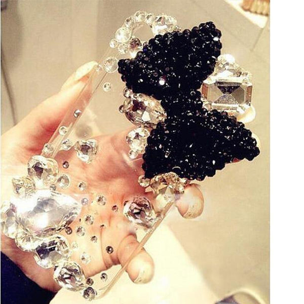 Planet Gates Big Black Bow / For iPhone 8 Luxury Crystal Hard PC Beautiful Bling Beads Elegant Cover For Apple iPhone 6 Plus 5.5"iPhone 6 6S 4.7'iPhone 7 7Plus