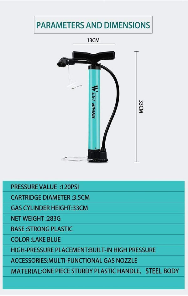 Planet Gates Bike Pump 120 PSI Steel Turquoise Cycling Pump Air Inflator Schrader & Presta Valve Road MTB Bike Tire Bicycle Pump