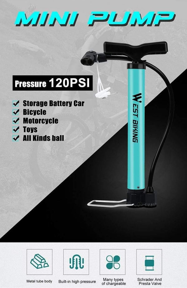 Planet Gates Bike Pump 120 PSI Steel Turquoise Cycling Pump Air Inflator Schrader & Presta Valve Road MTB Bike Tire Bicycle Pump