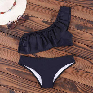 Planet Gates Bikini  One Shoulder Swimsuit Ruffle Swimwear Women Solid Padded Women's Swimming Suit New Sexy Beachwear