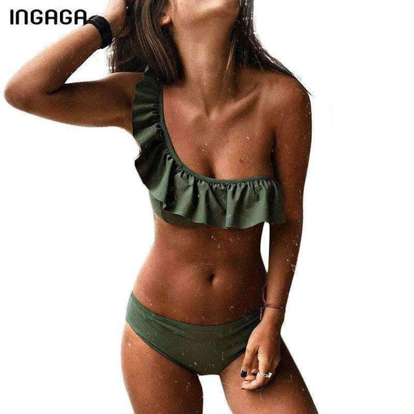 Planet Gates Bikini  One Shoulder Swimsuit Ruffle Swimwear Women Solid Padded Women's Swimming Suit New Sexy Beachwear
