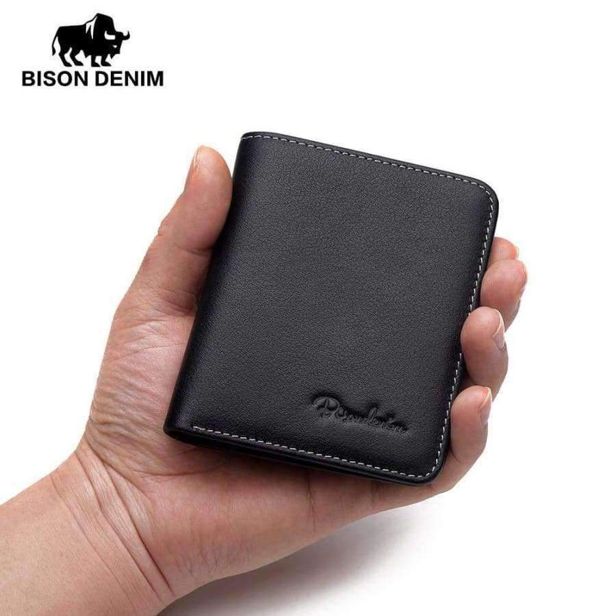 Planet Gates BISON DENIM Black Purse For Men Genuine Leather Men's Wallets Thin Male Wallet Card Holder Cowskin Soft Mini Purses N4429