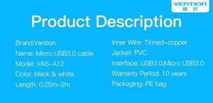 Planet Gates Black / 0.5m Vention Micro USB 3.0 Cable 2M 0.5M Fast USB Charger Data Sync Cable USB 3.0 Mobile Phone Cable for Samsung S5 Hard Drive Disk