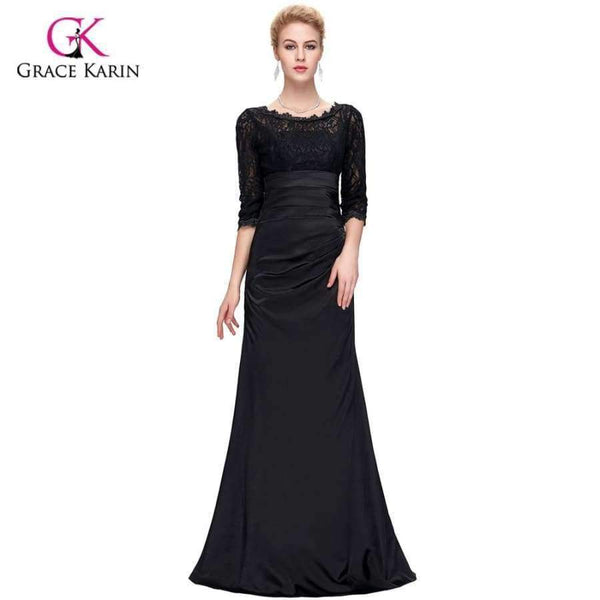 Planet Gates black 1 / 2 Long Red Evening Dress Boat Neck Black Lace Mother of the Bride Dresses Abendkleider 2018 Satin Evening Gowns 4524