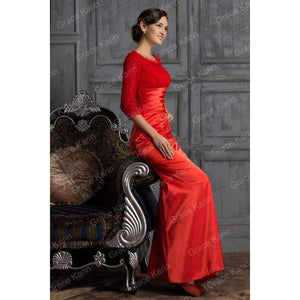 Long Red Evening Dress Boat Neck Black Lace Mother of the Bride Dresses Abendkleider 2018 Satin Evening Gowns 4524