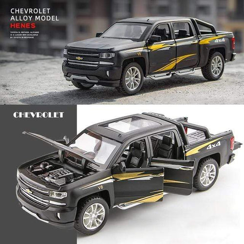 Planet Gates Black 1:32 Chevrolet Silverado Pika Alloy Car Model Diecast Toy Vehicle 6 Open Doors With Sound/Light/Pull-back Toys For Children