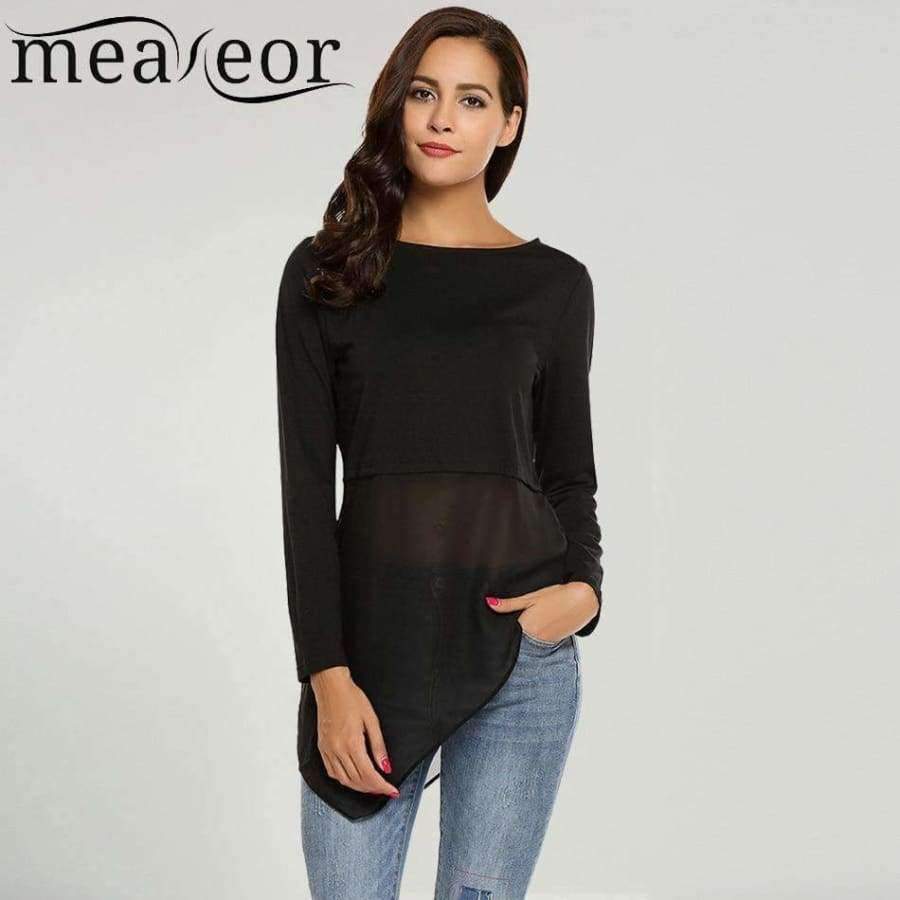 Planet Gates Black 1 / L Brand Women Tops Tee Mesh Patchwork Long T-Shirts Chiffon Hem T-Shirt O-Neck Long Sleeve Pullover Asymmetrical T shirts