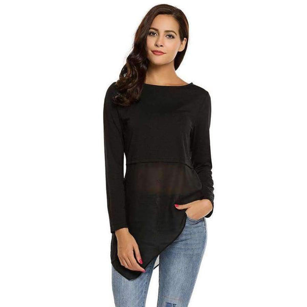 Planet Gates Black 1 / L Brand Women Tops Tee Mesh Patchwork Long T-Shirts Chiffon Hem T-Shirt O-Neck Long Sleeve Pullover Asymmetrical T shirts