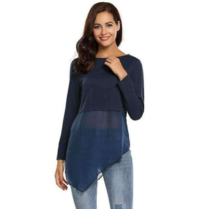 Planet Gates Black 1 / L Brand Women Tops Tee Mesh Patchwork Long T-Shirts Chiffon Hem T-Shirt O-Neck Long Sleeve Pullover Asymmetrical T shirts