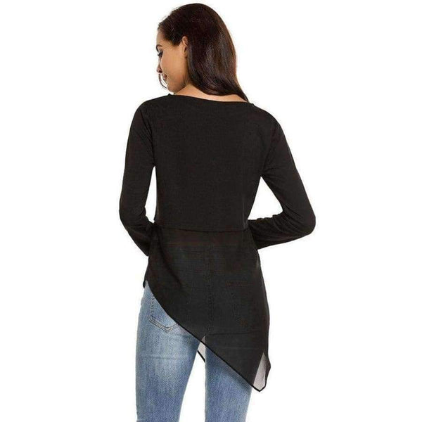 Planet Gates Black 1 / L Brand Women Tops Tee Mesh Patchwork Long T-Shirts Chiffon Hem T-Shirt O-Neck Long Sleeve Pullover Asymmetrical T shirts